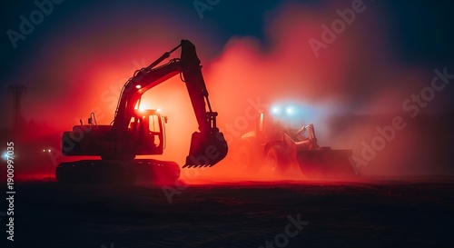 Nighttime Construction Site with Excavators and Heavy Machinery.