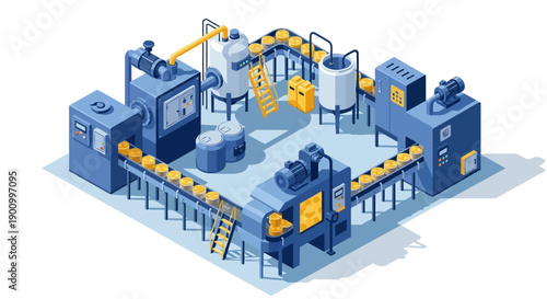 Isometric illustration of a blue and yellow industrial factory with machinery and conveyor belts on a white background.