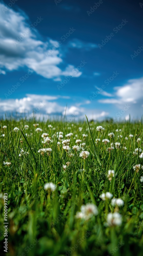 Obraz premium Vibrant green grass with white flowers under a bright blue sky