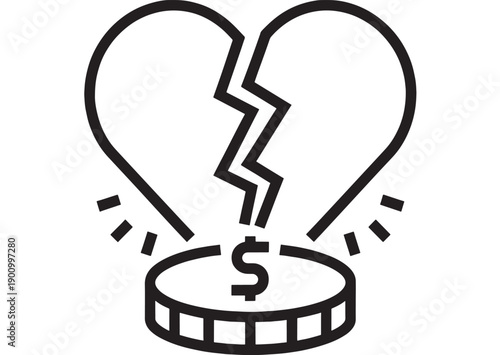 Heart broken icon with split outline above coin and dollar sign, minimal black line vector symbol for divorce costs, financial loss, relationship breakup, debt concept