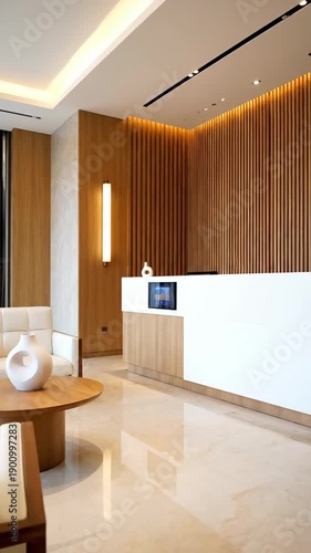 Elegant and modern reception area with a white desk, wood paneling, and a comfortable lounge. The warm lighting creates a serene, welcoming atmosphere