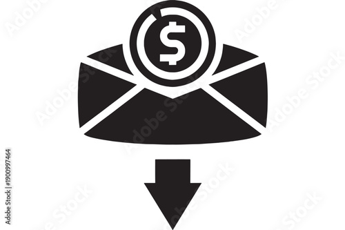 Envelope money icon with dollar coin symbol and download arrow, minimal flat monochrome pictogram for email payment, invoice, banking transfer, finance apps