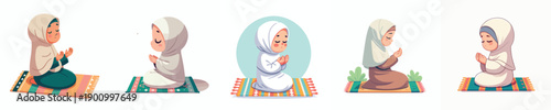 vector of islamic little girl sitting on prayer mat praying gesture in the month of ramadan side view