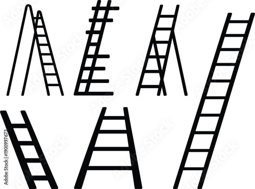 Black ladder silhouettes collection isolated on white background, construction and safety ladder shapes set, minimal vector illustration for industrial, building, maintenance, and design projects