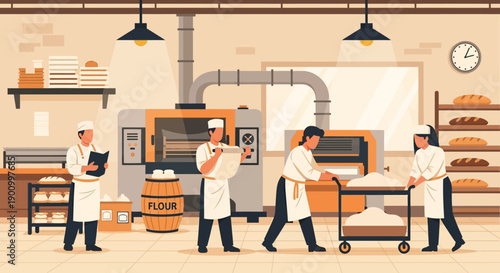 Illustration of bakery workers preparing food in a commercial kitchen with industrial equipment and warm tones.