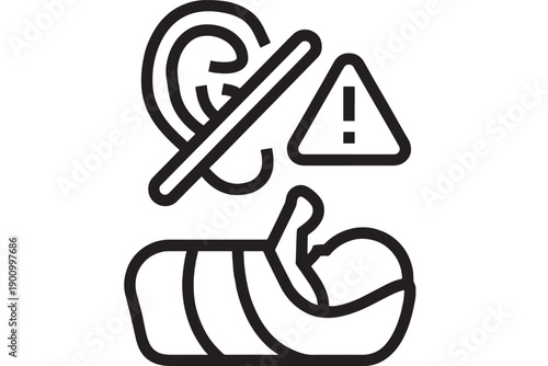 Ear protection warning icon with crossed out hearing sign above sleeping person in bed, noise disturbance alert symbol, minimal black outline vector isolated