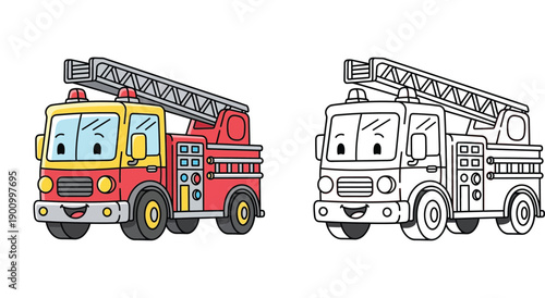 Cartoon fire truck vector illustration. Cute happy fire engine character. Coloring book page for kids with colored example and black and white outline isolated on white background.