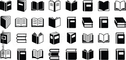 Collection of book icons, open and closed book silhouettes, stacks and hardcovers, vector book symbols for education and reading design