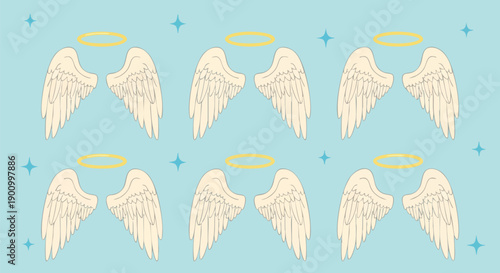 Cute Angel Wings and Halos Pattern with Sparkles on Teal Background.