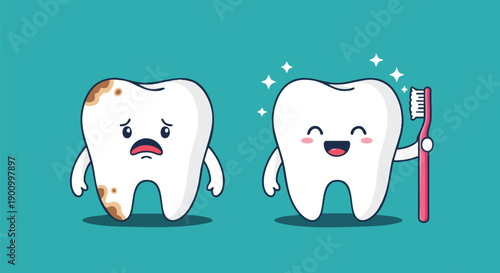 Cute Cartoon Teeth Before and After Brushing, Representing Oral Hygiene and Dental Care.