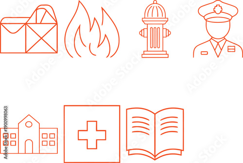 Emergency Services and Public Safety Icons in Red Outline architectural drawing CAD design