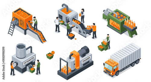Illustration of industrial recycling process with workers and machinery