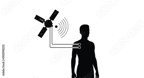 Person with wearable device connected to satellite technology for communication and data transmission in modern innovative concept