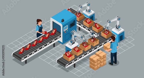 Isometric illustration of workers operating a conveyor belt with packages in a warehouse