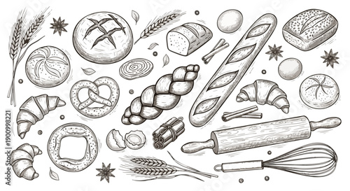 Delicious Bakery Collection: Hand-Drawn Vector Art of Freshly Baked Goods and Baking Tools.