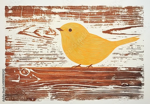 Simple linocut-style print of small yellow bird perched on brown branch against textured white background