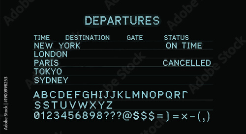 Digital Departure Board with Flight Information and Alphabetical Display for Travel and Transportation Concepts.