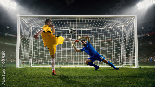 Canvastavla Soccer penalty kick moment with goalkeeper in goal under stadium lights