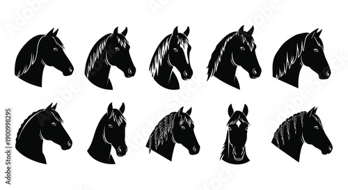 Diverse Black Horse Head Silhouettes Collection: Various Hairstyles and Poses for Graphics.