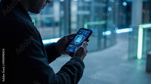 Wallpaper Mural Man holds a dark mobile phone showing a shield icon with a padlock, symbolizing digital authentication or cybersecurity outdoors. Torontodigital.ca