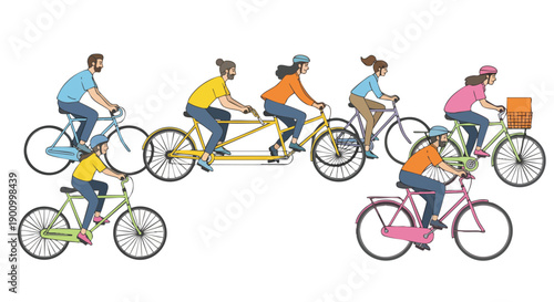Diverse Group of People Enjoying Cycling Together on Various Bicycles.