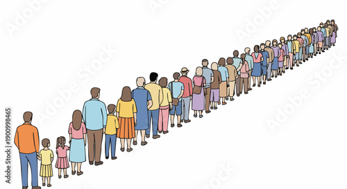 Diverse group of people queuing in a long line, social distancing concept illustration.