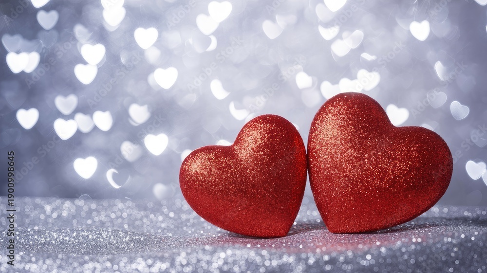 Fototapeta premium Two red hearts on sparkling background for Valentine's Day