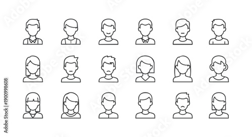 Diverse Male and Female Avatar Icons Set, User Profile Symbols, Minimalist Line Art Style for Web and Apps.