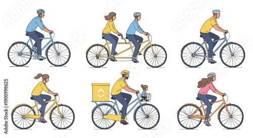 Diverse people cycling for leisure, commuting, and delivery, promoting healthy and sustainable transportation options.