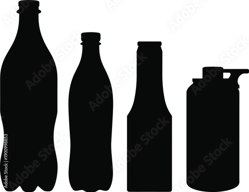 Black reusable bottle silhouettes collection isolated on white background, drink container shapes set, minimal vector illustration for packaging, branding, outdoor gear, and design projects