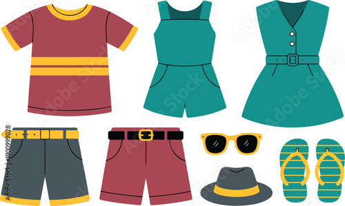 Summer Fashion Clothing Icons Set – Shirts, Dresses, Shorts, and Beach Accessories