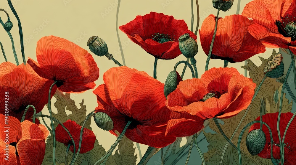 Obraz premium Detailed illustration of red poppies featuring open blooms, buds, and green leaves, set against a soft beige background highlighting floral elements