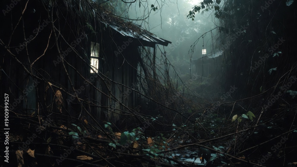 Fototapeta premium Mysterious forest cabin in foggy woods with dim light and overgrown vines.