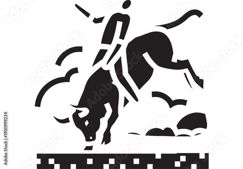 Bull rider rodeo icon with cowboy on bucking bull, black and white silhouette pictogram, western sport emblem for signage, stickers, logos, and t-shirt design