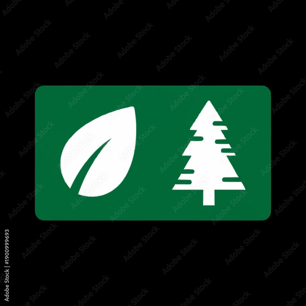 Obraz premium Green rectangle with white leaf and pine tree icons.
