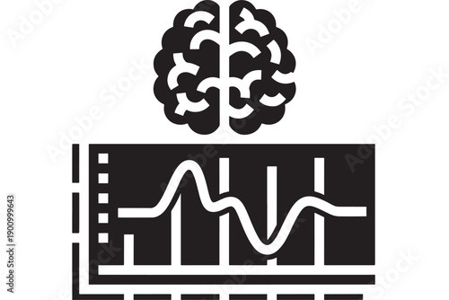 Brain analytics icon with bar chart and waveform line, minimal black and white symbol for AI, neuroscience data, monitoring dashboard, and statistics report