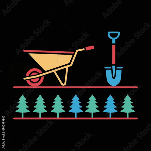 Gardening tools and evergreen trees on a black background.