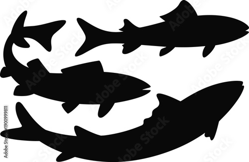 Black shark silhouettes collection isolated on white background, marine predator fish shapes set, minimal vector illustration for ocean, wildlife, danger, and aquatic design projects