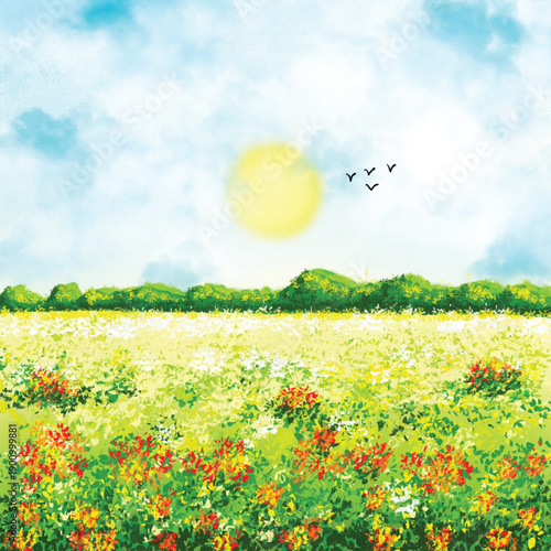 Summer landscape cartoon background with green  fresh grass with flower. Beautiful sunny morning scenery