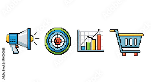 Pixelated marketing and e-commerce icons illustrating a strategic business approach, encompassing advertising, targeted objectives, data analytics, and online shopping growth