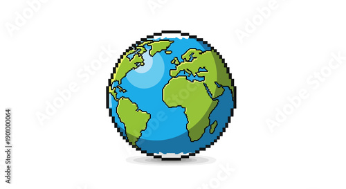 Pixel art representation of Planet Earth showing continents and oceans against a white background, symbolizing global connection and geography in a digital format