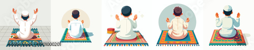 vector of islamic little boy sitting on prayer mat praying gesture in the month of ramadan back view