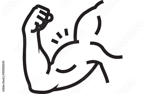 Arm muscle flex icon with strong bicep and clenched fist in bold black outline, fitness strength symbol for gym, power, bodybuilding, and workout apps