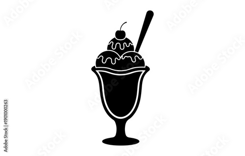Ice cream sundae in glass with spoon black silhouette icon dessert sweet treat refreshment vector illustration