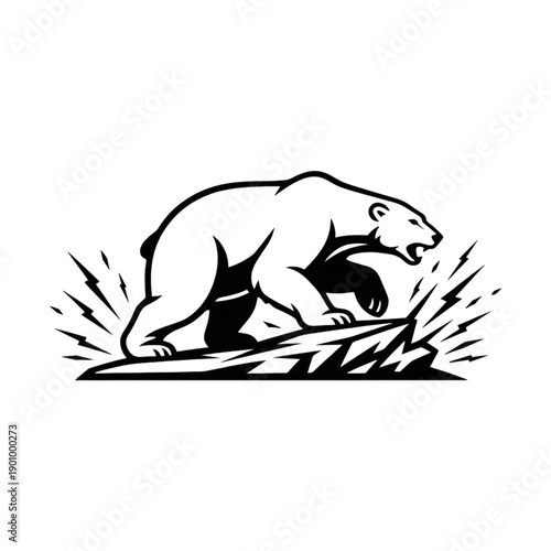 Powerful Polar Bear Mascot Silhouette Standing on Arctic Ice Rock 