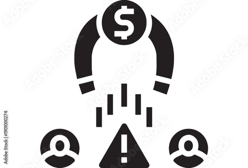 Icon money fraud warning with dollar symbol above falling data bars, alert triangle and user avatars, black glyph pictogram for cybersecurity risk concept