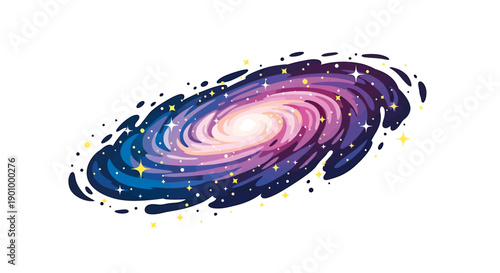 A swirling spiral galaxy illustration with glowing stars and nebulae, showcasing cosmic beauty and celestial wonder