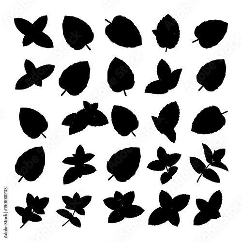 Mint leaves black silhouette vector illustration set – 36 leaf arrangements