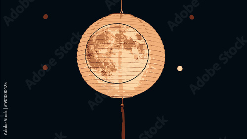 Paper Lantern Hanging in Dark Space with Moon Design