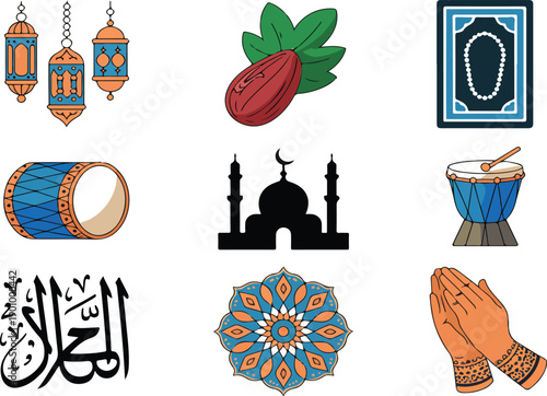 Ramadan Kareem Islamic Clipart Set – Lanterns, Mosque, Prayer Rug, and Calligraphy